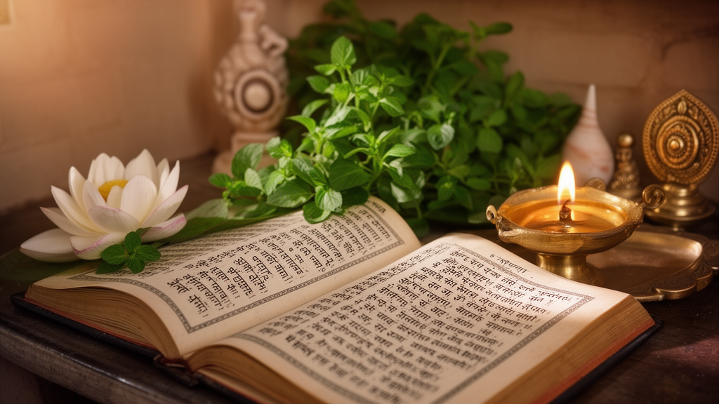Devotional home shrine with an open prayer book, brass oil lamp, tulsi leaves, and a lotus, suggesting the daily recitation of the Vishnu Sahasranama.