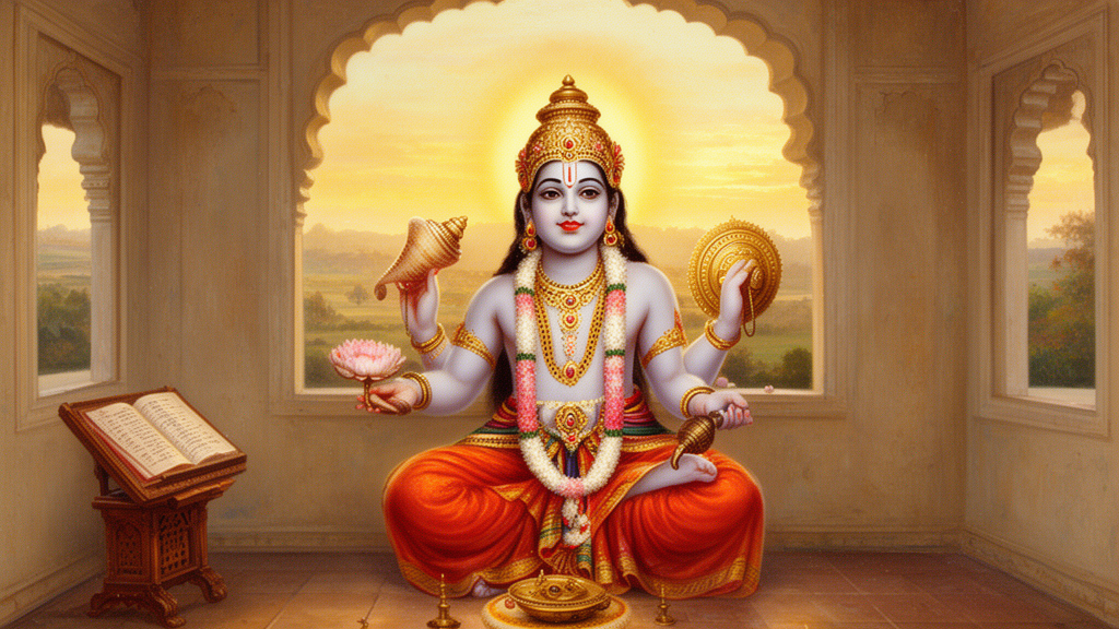 Painting of Lord Vishnu in a calm seated pose with four arms holding a conch, discus, mace, and lotus, set in a traditional Gujarati-style interior at dawn.