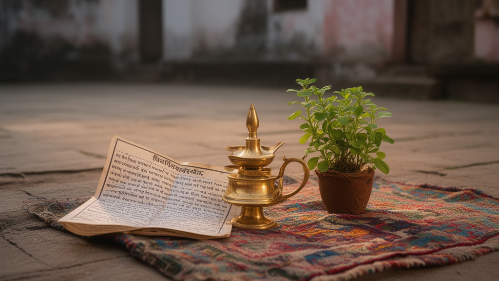 A brass lamp, a closed Gujarati devotional booklet, and a tulsi plant on a cloth mat in a quiet courtyard in early morning light.