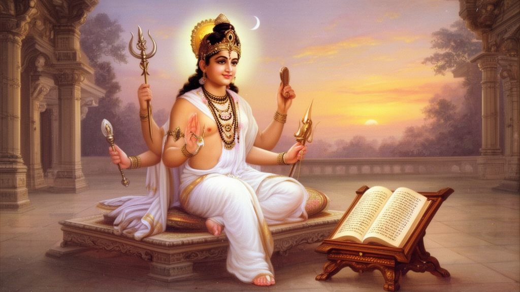 Illustration of Lord Vishnu in white garments with four arms, seated in a temple courtyard at dawn beside an open manuscript.