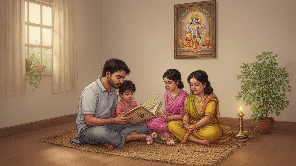 A family sitting in a home prayer corner reciting from a Hindi devotional book beside a lamp and a framed image of Vishnu.