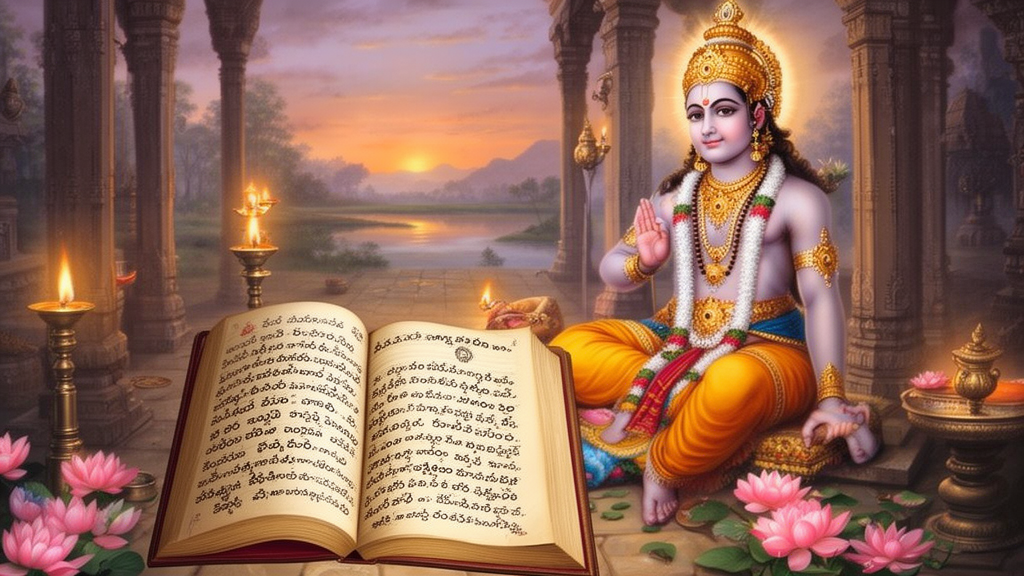 Lord Vishnu seated in a dawn temple courtyard with an open palm-leaf manuscript and lotus flowers in the foreground.