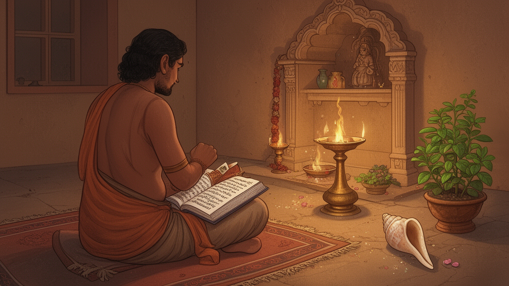 A devotee reading a Telugu hymn book beside a brass lamp at a home shrine with a conch shell and tulsi plant.