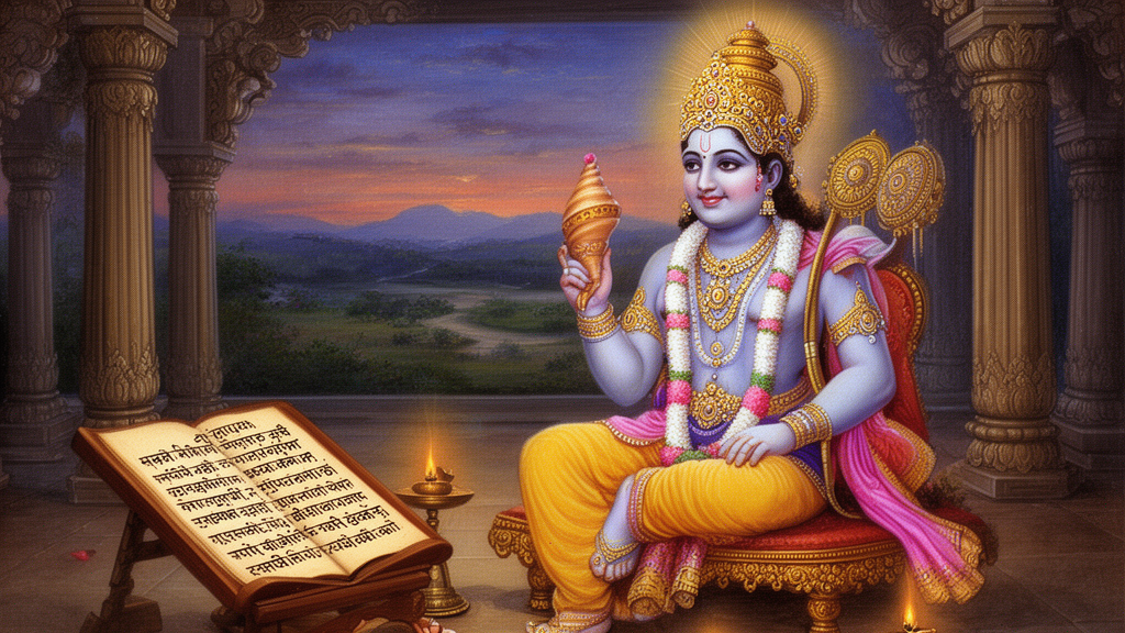 Lord Vishnu depicted with a conch and discus beside an open manuscript of Sanskrit verses in a dimly lit temple hall.