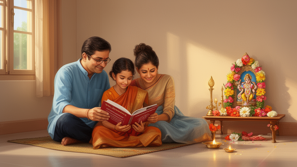 A Marathi family reading a devotional text together beside a small home shrine with a lamp and flowers.