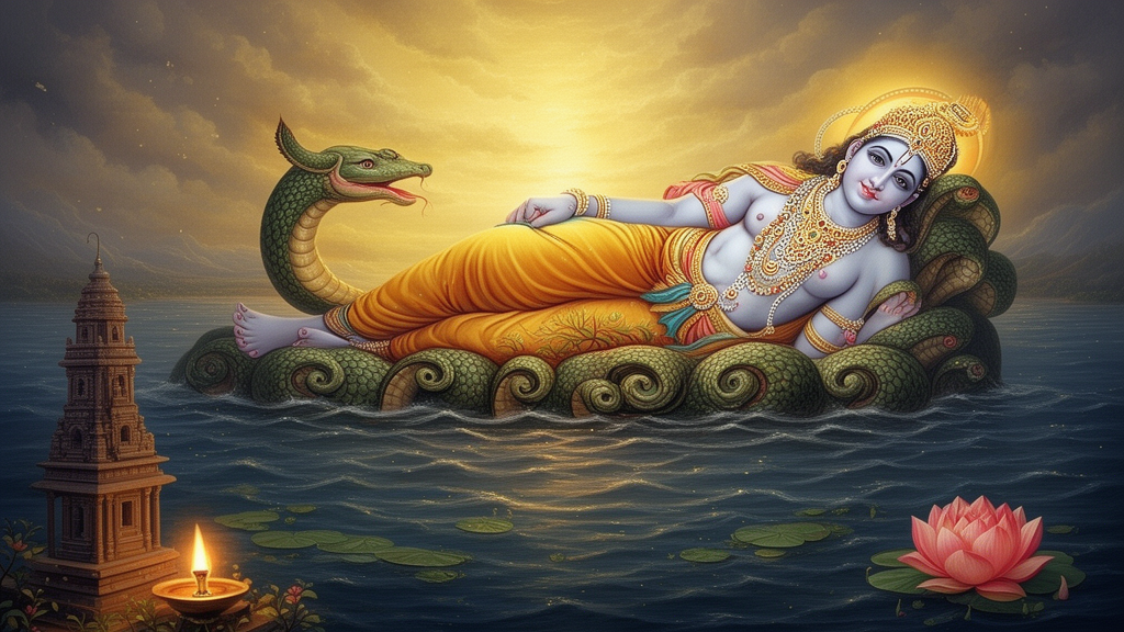 Illustration of Lord Vishnu reclining on the serpent Shesha over cosmic waters, with a lotus and a small lamp, in a peaceful devotional style.