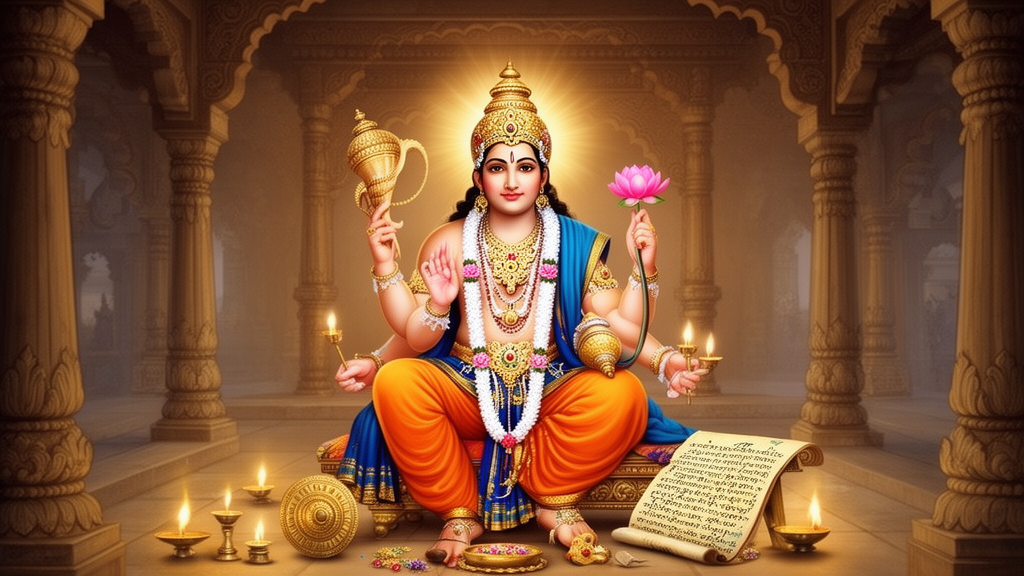 Lord Vishnu depicted in a traditional temple setting with his four symbolic attributes, beside an open scripture and lamplight.