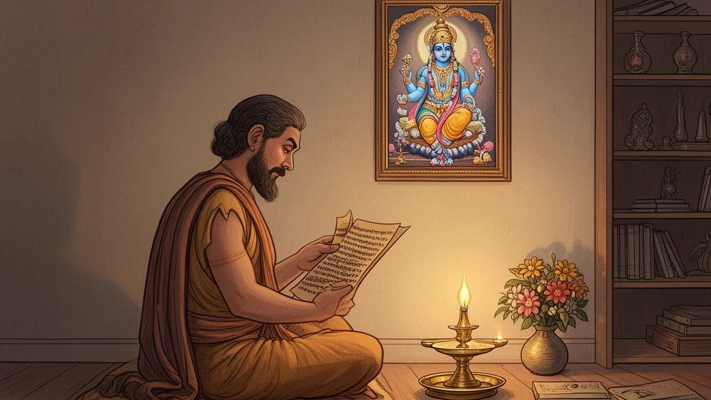 A devotee reading a scripture in a quiet home shrine with a lamp, flowers, and an image of Vishnu.