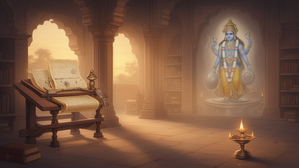 Illustration of a quiet study hall at dawn with palm-leaf manuscripts, an oil lamp, and a respectful depiction of Lord Vishnu holding a conch and discus.