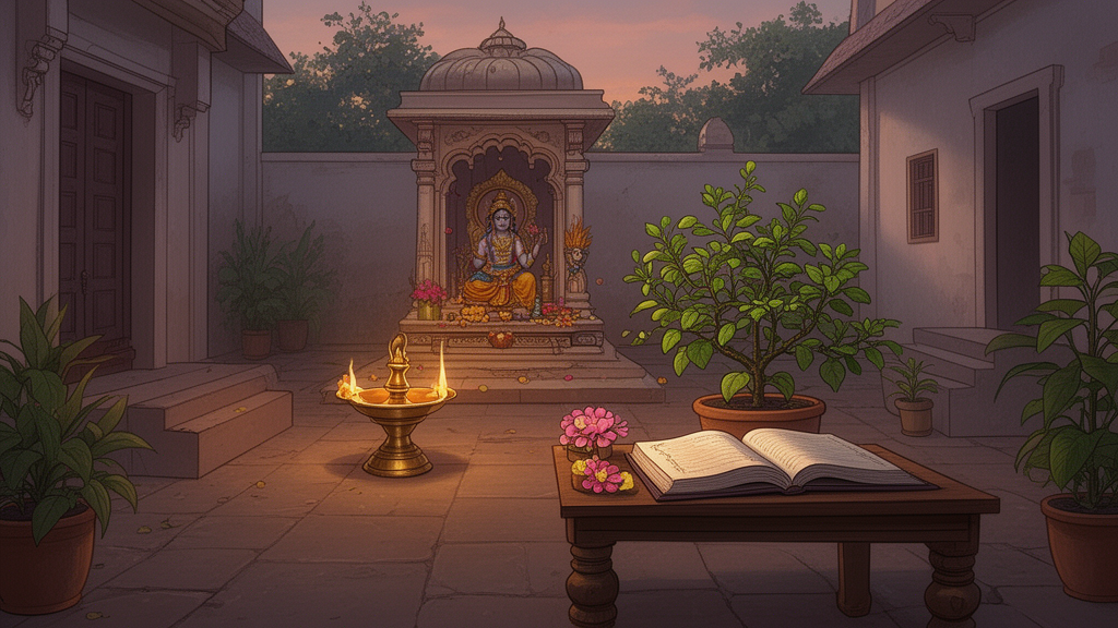 Illustration of a home courtyard shrine with a brass lamp, flowers, a tulsi plant, and an open book beside a depiction of Lord Vishnu.