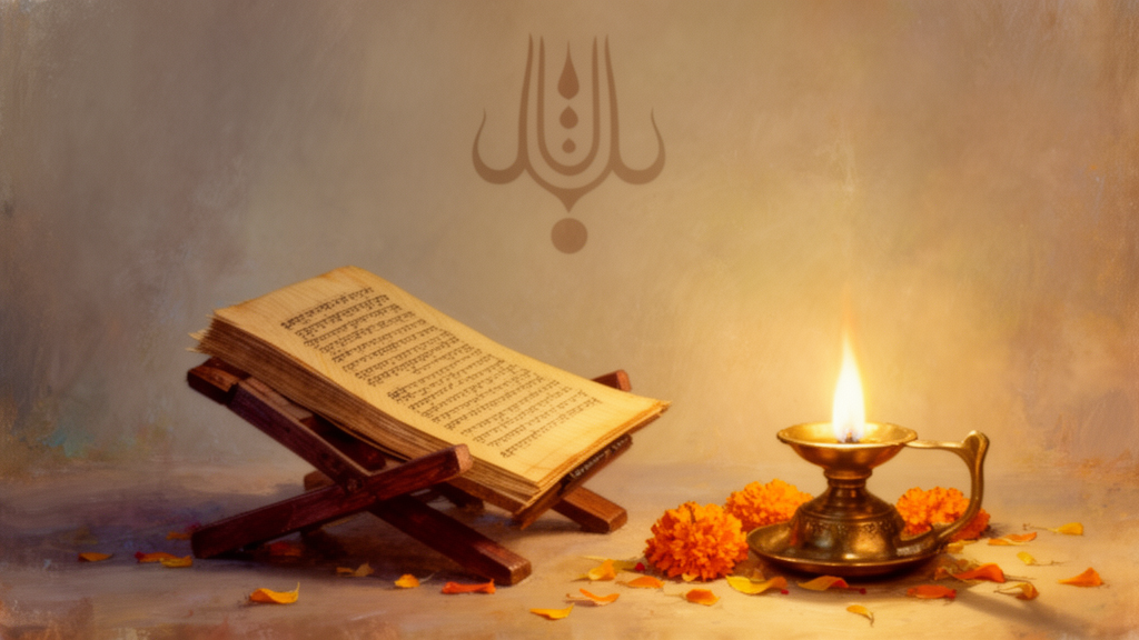 A palm-leaf manuscript resting on a wooden stand beside a lit brass lamp and marigold petals, with a faint tilaka symbol in the background, representing study of Vaishnava scripture.