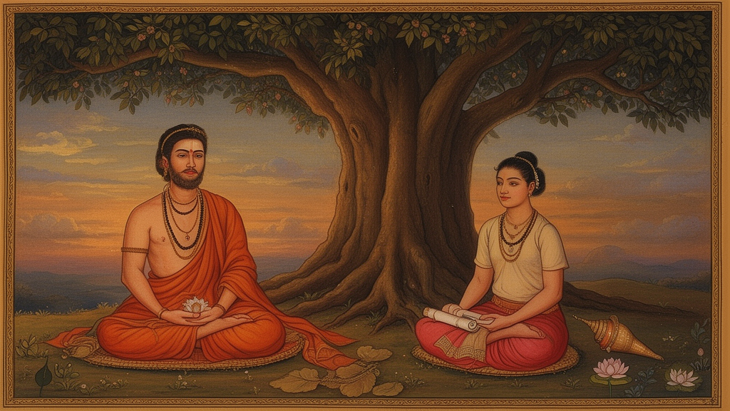 A teacher and student seated beneath a banyan tree at dusk, with a closed scroll, a conch, and a lotus, illustrating a traditional setting for Upanishadic study.
