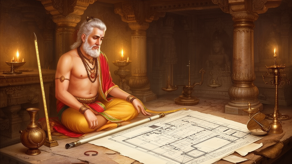 Illustration of the divine architect Vishvakarma seated in a warm temple workshop beside building plans, a measuring rod, a scale, and a water pot.