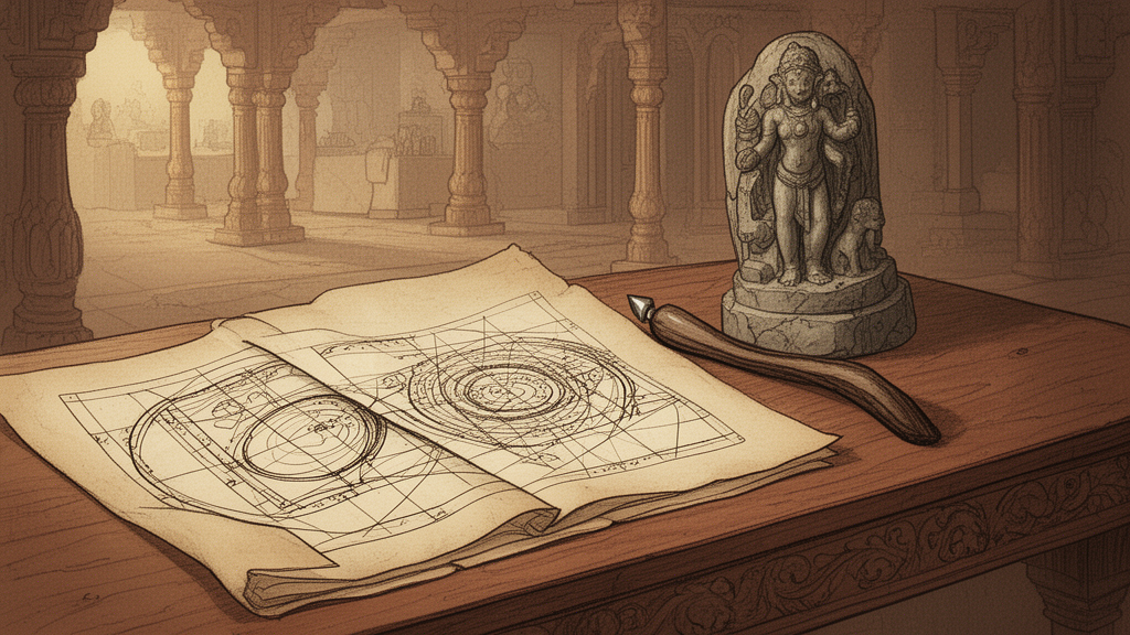 Illustration of an open manuscript and a drawn site-planning grid on a wooden table, with a chisel and a carved stone figure in a traditional craft workshop.