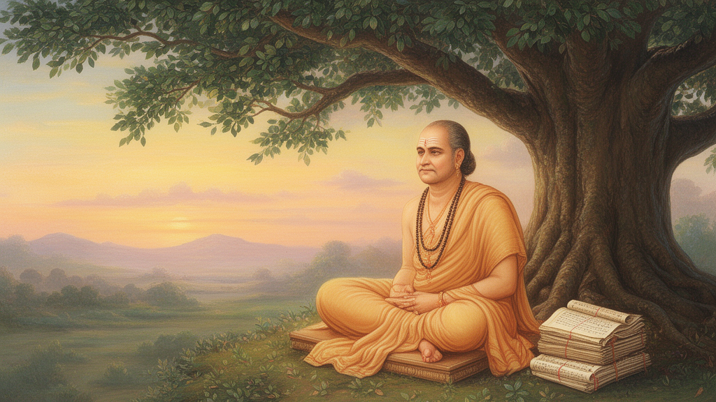 Illustration of the sage Vyasa seated beneath a banyan tree with a bundle of palm-leaf manuscripts in front of him.