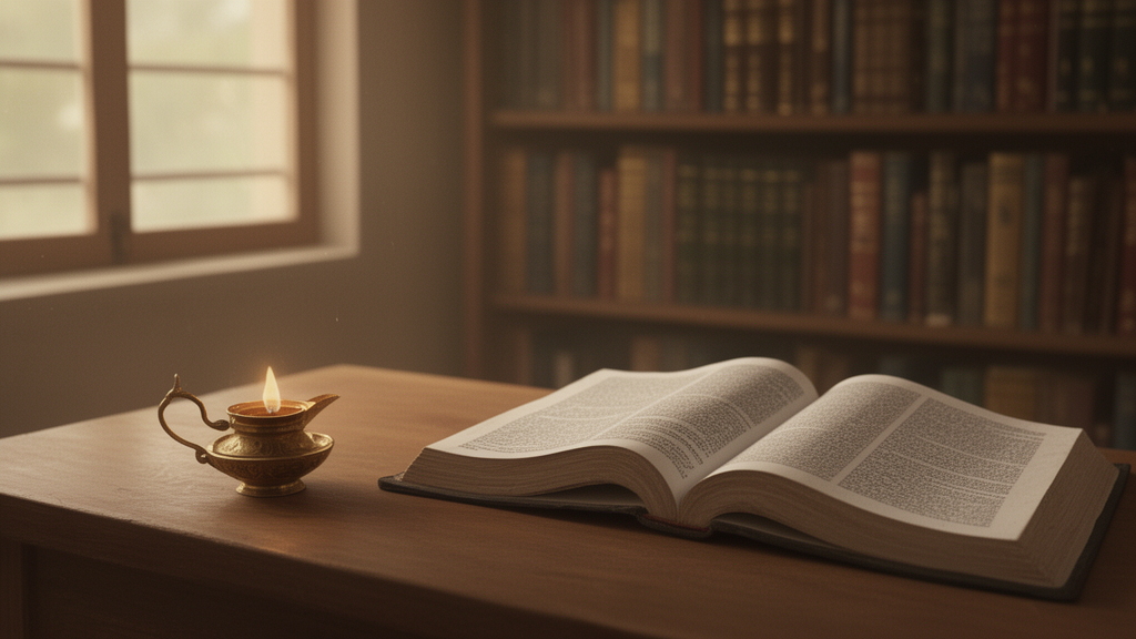 An open scripture and a lit brass oil lamp on a study desk in a quiet library, suggesting traditional study of sutra texts.