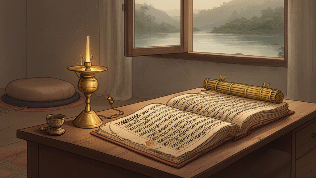An open old manuscript on a wooden desk beside a brass lamp and a meditation cushion, with a calm river and hills visible through a window.