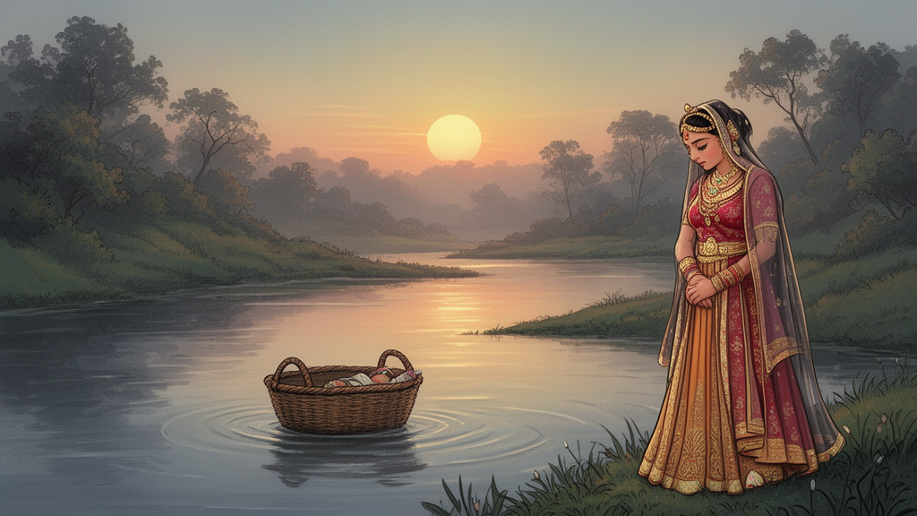 Illustration of a woven basket drifting on a river at dawn while a woman on the bank watches, with the rising sun in the distance.