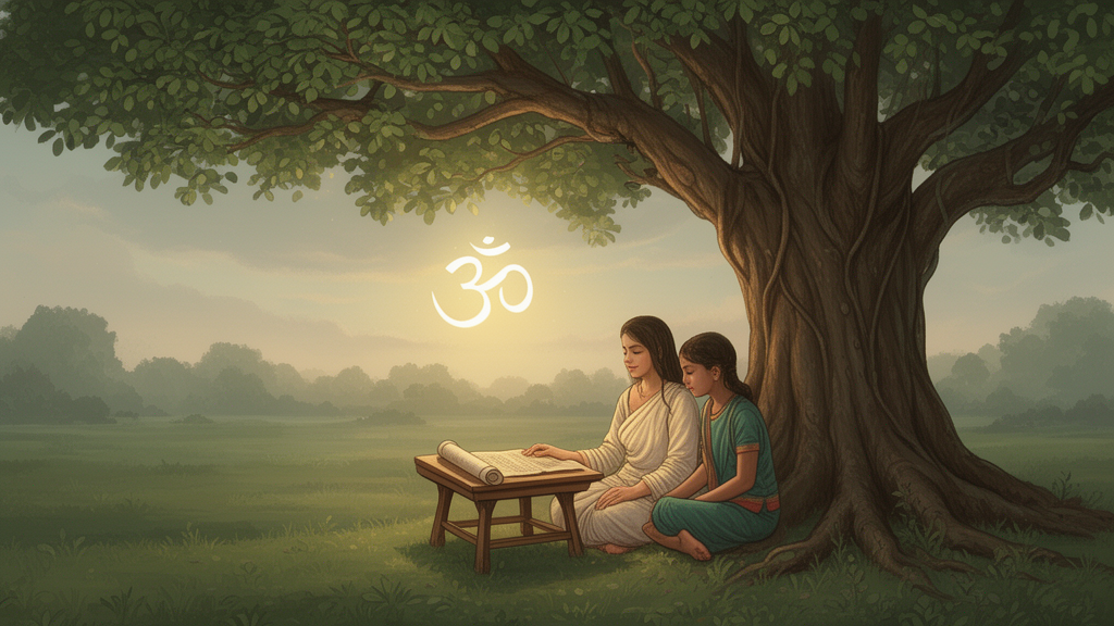 A teacher and student study an open scroll beneath a banyan tree, with a faint Om symbol in the air above them.