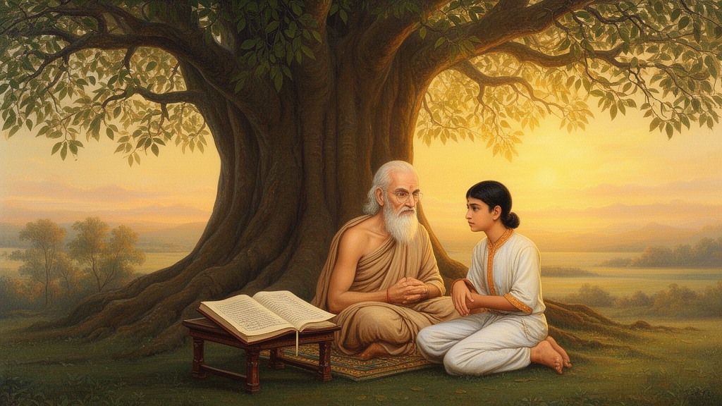 An elderly sage and a young student sit together under a banyan tree at dawn while a palm-leaf manuscript rests between them, illustrating the teacher and student setting associated with Upanishadic study.