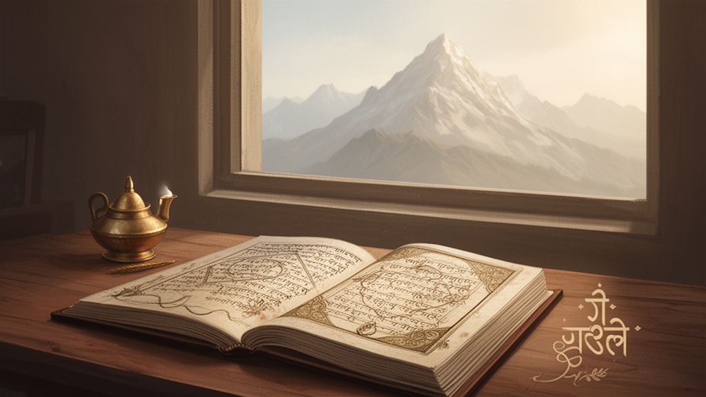 An open ancient manuscript and a brass oil lamp sit on a wooden desk near a window with distant mountains, suggesting quiet contemplative study of Upanishadic texts.