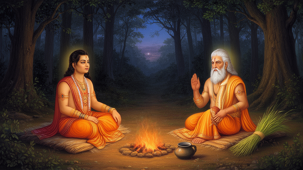 Illustration of King Janaka seated before the sage Yajnavalkya in a forest hermitage, with a fire pit and a water pot nearby, depicting the dialogue that frames the Yajnavalkya Upanishad.