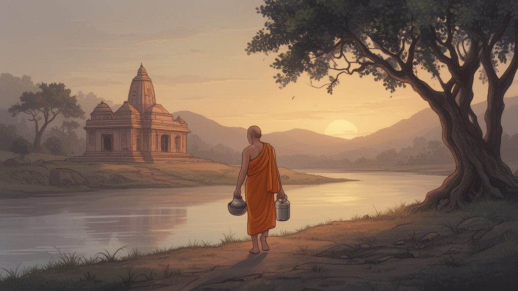 Illustration of a renunciant in ochre robes walking alone at dawn along a riverbank with a begging bowl, representing the simple ascetic life described in the Yajnavalkya Upanishad.