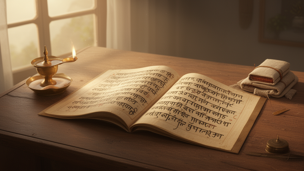 An open palm-leaf scripture manuscript beside a brass oil lamp on a wooden desk, suggesting the study of Vedic texts.
