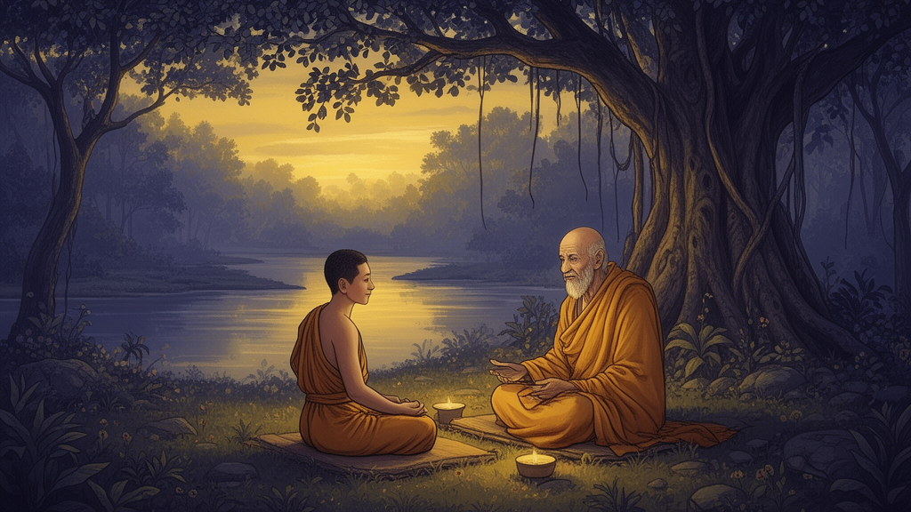 A teacher and student seated beneath a banyan tree at dusk in a forest hermitage, illustrating a Upanishadic dialogue setting.
