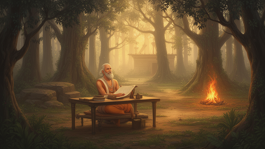 Illustration of a seated sage in an ancient Indian forest hermitage at dawn, reading from a palm-leaf manuscript beside a sacred fire.