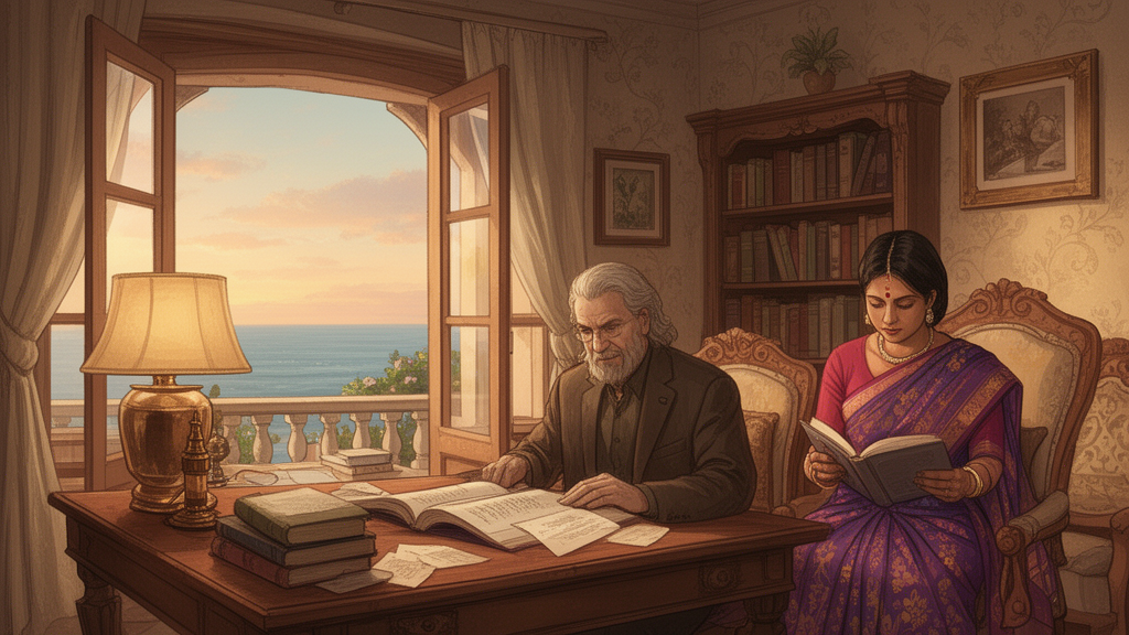 Illustration of two men working at a writing desk in a seaside study, with open pages and a lamp, representing the Yeats and Swami translation collaboration.