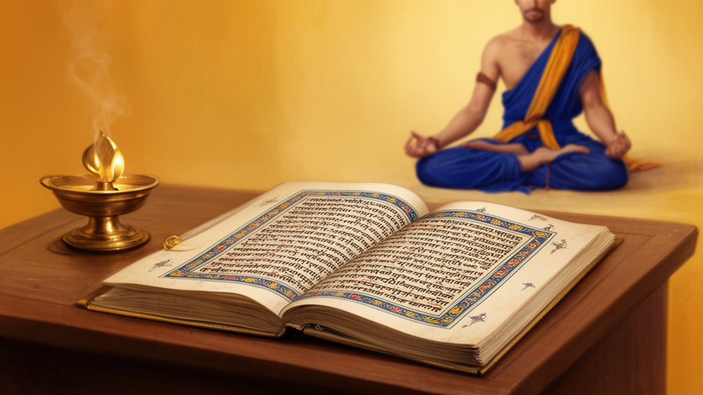 An open palm-leaf manuscript and brass lamp on a wooden desk, with a meditating yogi softly visible in the background, representing the study of a Sanskrit Upanishad.