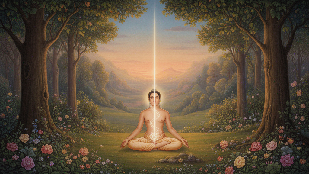 A seated yogi in a forest clearing at dawn with a faint column of light along the spine, illustrating the Kundalini teaching discussed in the Yoga Chudamani Upanishad.
