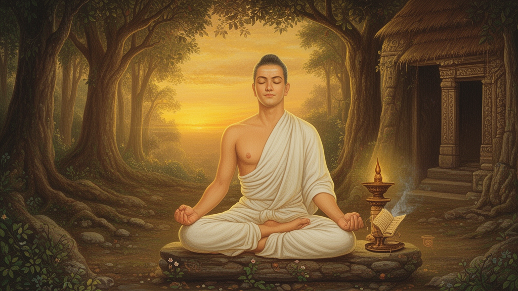 A seated yogi meditating at dawn in a quiet forest hermitage beside a lamp and a palm-leaf manuscript, illustrating the contemplative setting of the Yoga Chudamani Upanishad.
