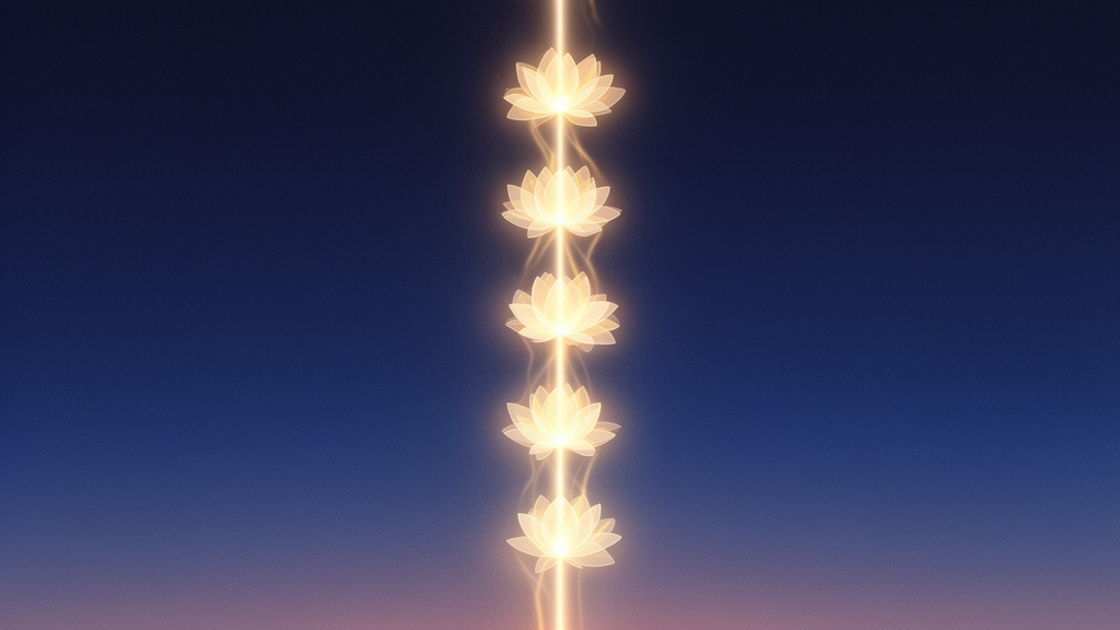Stylised golden light rising along a column of soft lotus-shaped centres against a twilight sky, illustrating the Kundalini and chakra imagery discussed in the Yoga Chudamani Upanishad.
