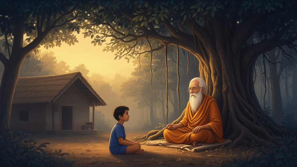 Illustration of a young boy seated before an elderly sage under a banyan tree in a forest hermitage at dawn, depicting the setting of the Nachiketa story in the Katha Upanishad.