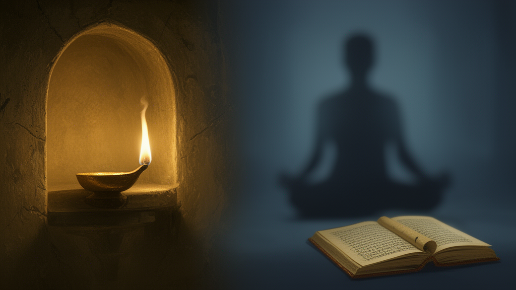 Illustration of a steady oil lamp flame in a stone niche with a meditator in soft focus behind it and a closed manuscript nearby, symbolizing the steady control of the senses described in the Katha Upanishad.