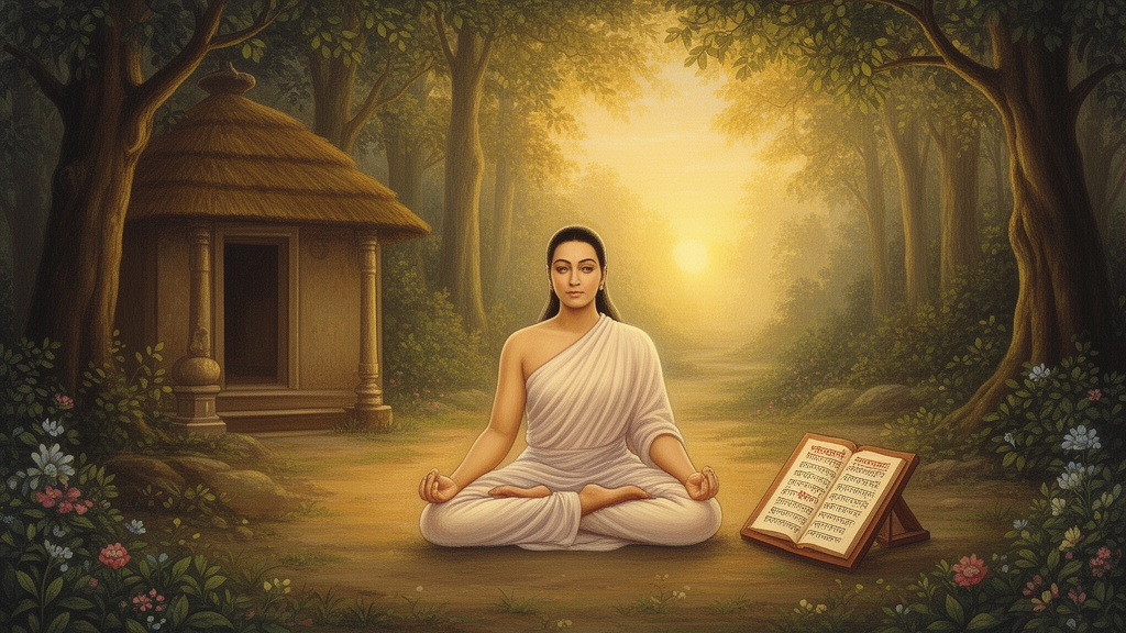 योग साधक पद्मासन में वन के आश्रम में बैठे हैं, पास में लकड़ी के स्टैंड पर संस्कृत पांडुलिपि रखी है।