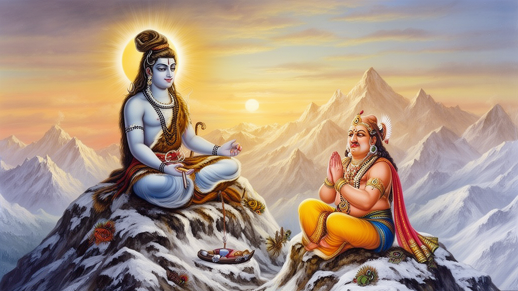 Lord Shiva in meditation on a Himalayan peak teaching Brahma, depicted in a respectful devotional painting style at dawn.