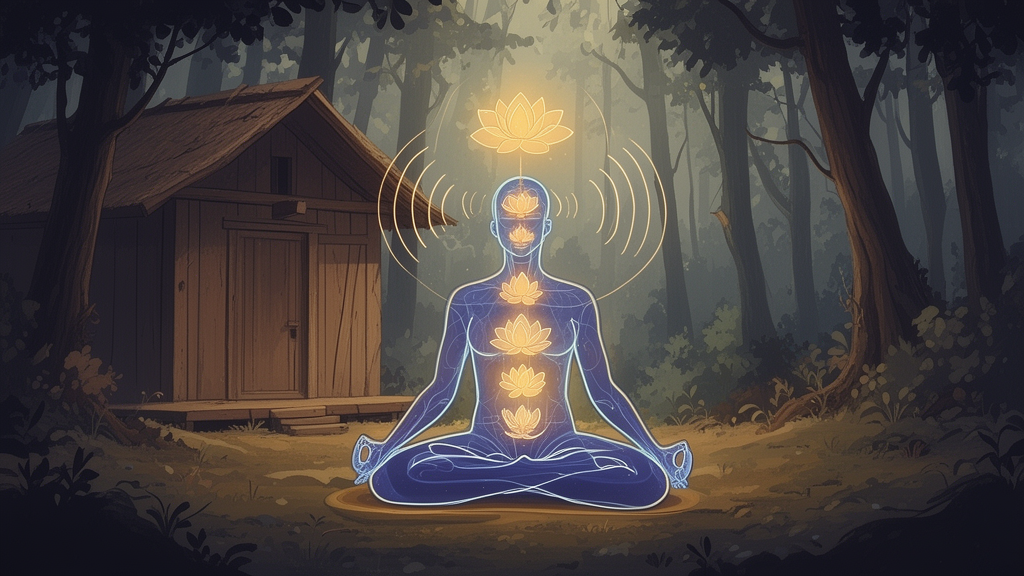 A yogi meditating in a forest hermitage with a stylised outline of glowing lotus-shaped centres along the spine, illustrating the inner practices discussed in the Yoga Shikha Upanishad.
