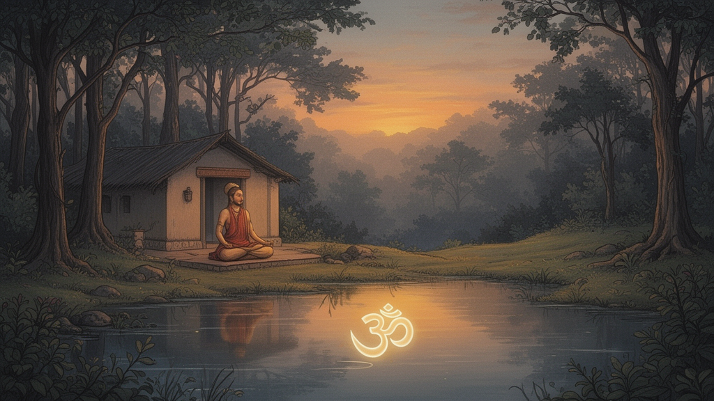 A seated meditator beside a still forest pond at dawn, with a soft glowing Om above the water, illustrating contemplative practice in a devotional setting.