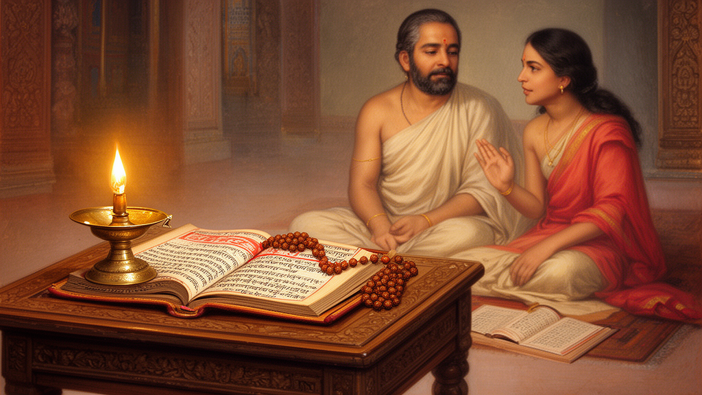 An open manuscript, brass lamp, and rudraksha mala rest on a wooden desk while a teacher and student converse, illustrating study of Yoga Upanishad texts in a traditional setting.