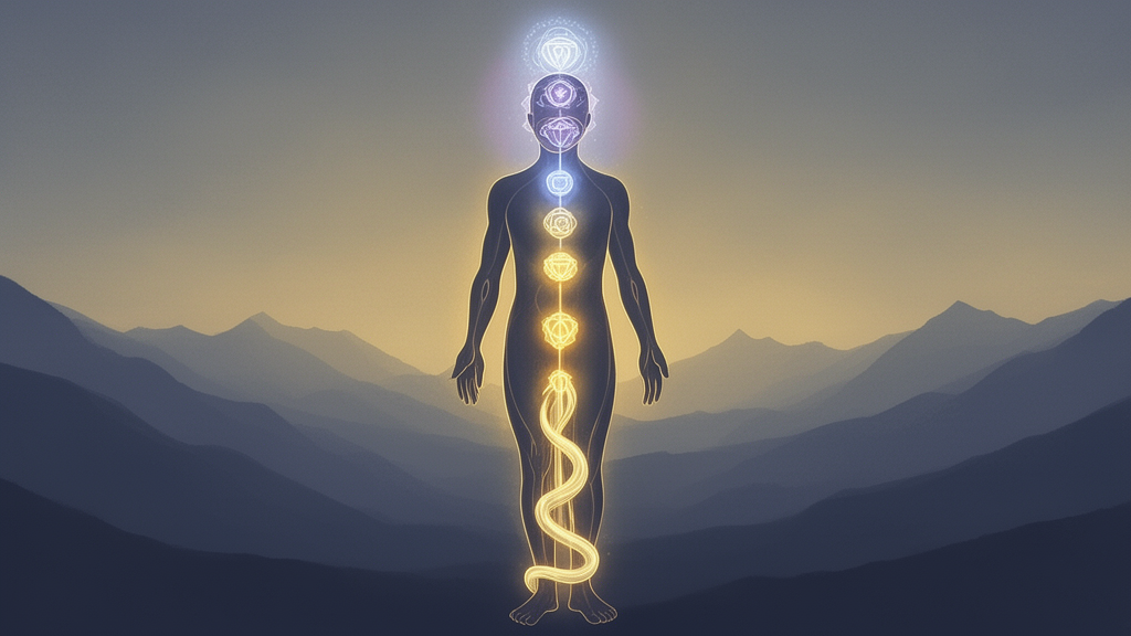 A stylized silhouette of a human figure with glowing chakra points along a central channel and a coiled serpent of light at the base, illustrating Kundalini symbolism in yoga texts.