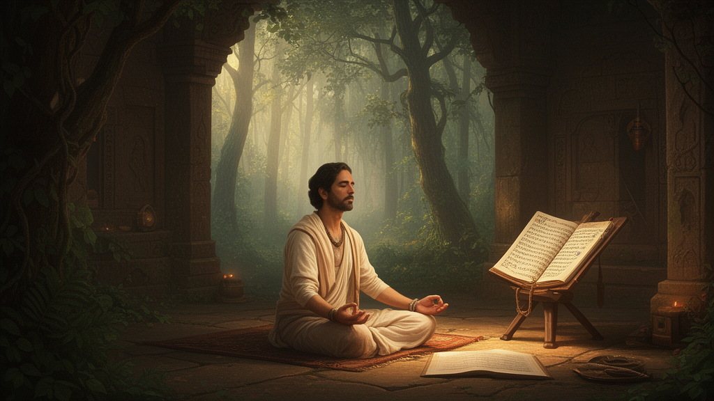 Illustration of a seated meditator in a forest hermitage beside an open palm-leaf manuscript, evoking the study and practice of yogic texts.