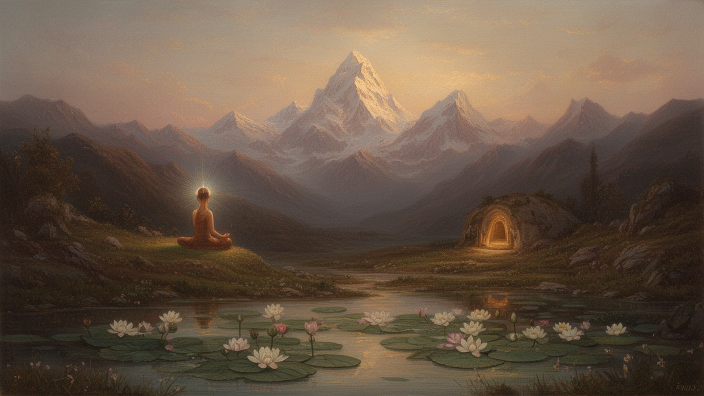 Dawn landscape with a lotus pond and a distant cave, representing the meditative and contemplative themes of the Yogashikha Upanishad.